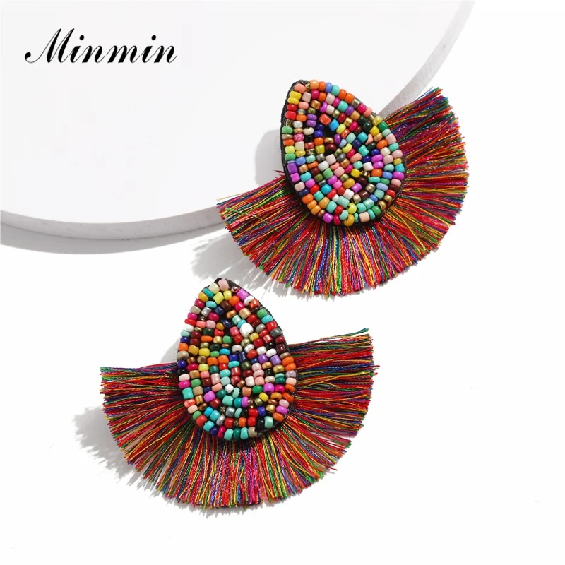 

Minmin Retro 13 Colors Statement Multicolor Beaded Large Tassel Earrings for Women Teardrop Drop Earrings Ethnic Jewelry MEH1526