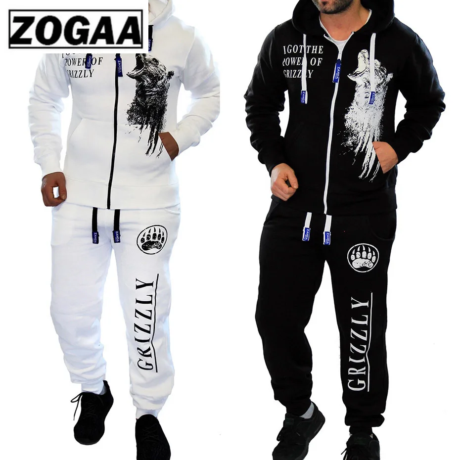 Cena 2 kawałki z długim rękawem spodnie bluza z kapturem zestaw ZOGAA 2019 męski dres na zewnątrz garnitur męski zestaw na siłownię odzież sportowa na co dzień Plus rozmiar
