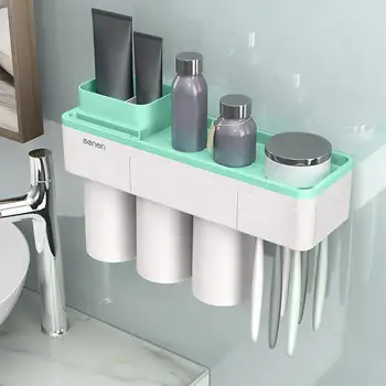 

Magnetic Adsorption Toothbrush Holder Storage Rack Three Cups Inverted Cup Wall Mount Storage Rack Bathroom Accessories