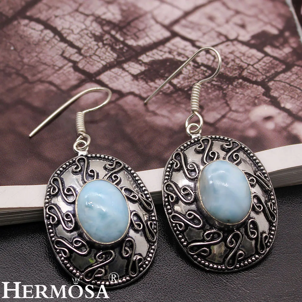 Натуральный Синий Larimar винтажное серебро 925 пробы Цвет Длинные женские серьги
