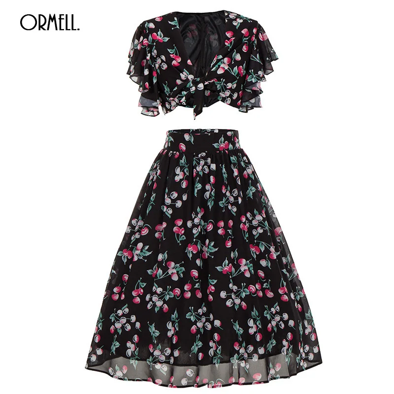 

ORMELL Bohemian Cherry Print Beach Two Piece Outfit 2017 Summer Sexy Crop Top And Midi Skirt Set Boho Womens Casual Suits