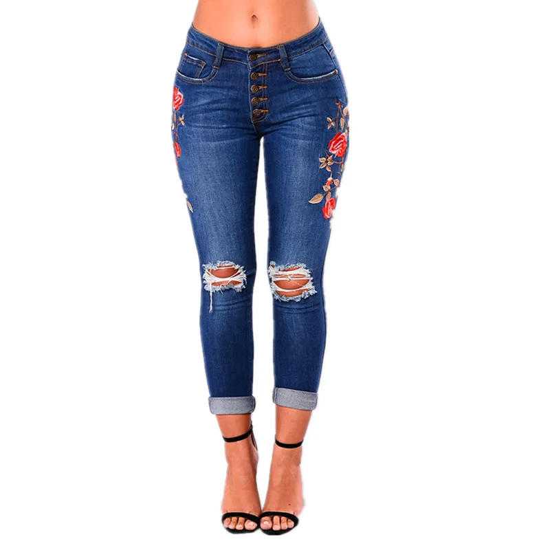 Fashion Chic Embroidery Flower Jeans New Stretchy Woman Denim Pants