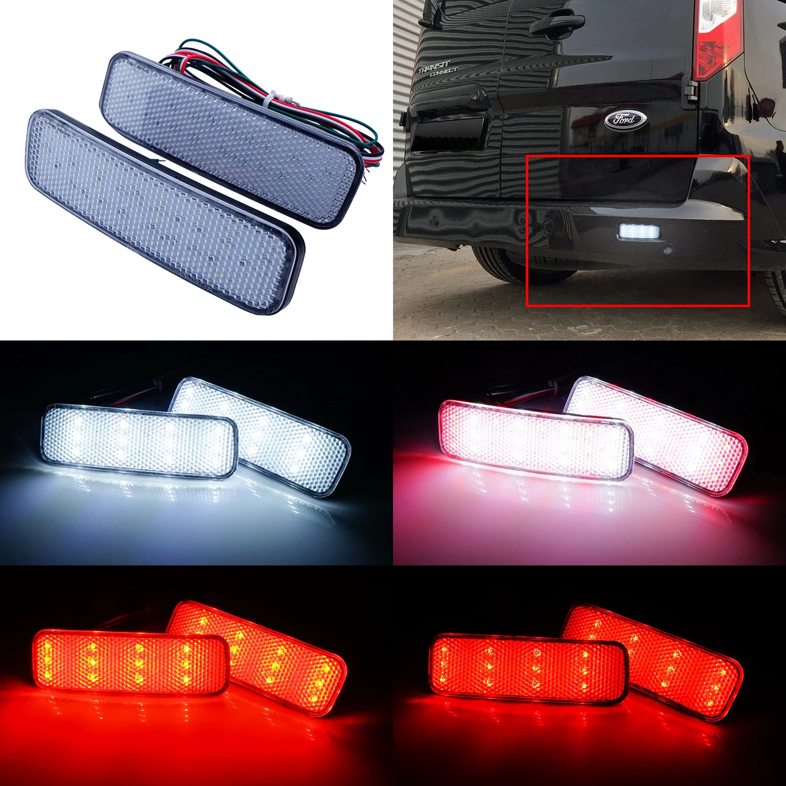 

ANGRONG Pair Clear Lens Rear Bumper Reflector Stop Tail Light For Ford Transit Van Custom Connect