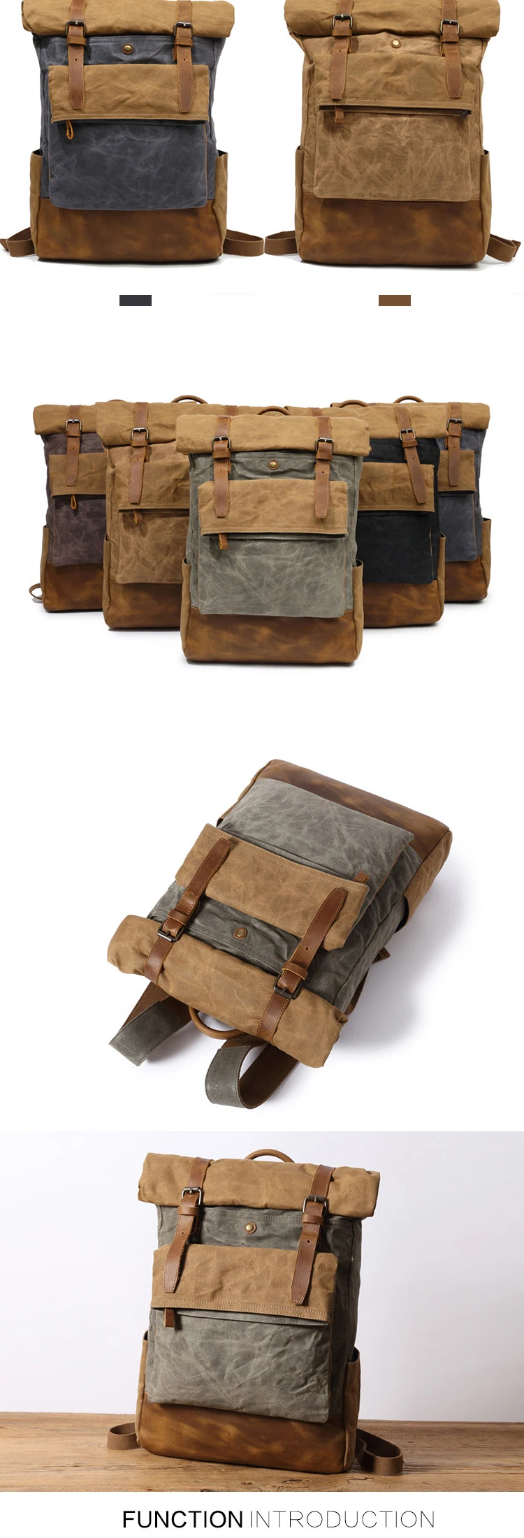 FRONT DISPLAY of Woosir Stylish Handmade Waxed Canvas Roll Top Backpack