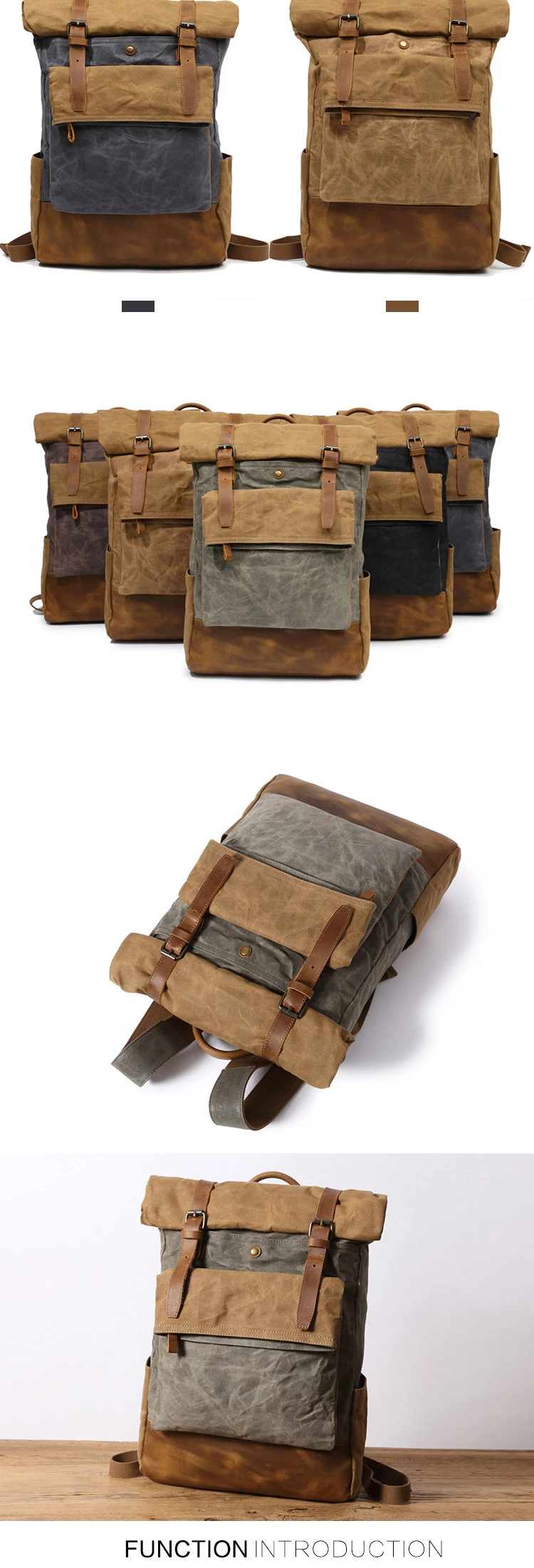 FRONT DISPLAY of Woosir Stylish Handmade Waxed Canvas Roll Top Backpack 