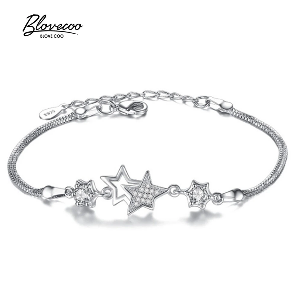 Fashion brand silver jewelry Ladies Five-pointed star Bracelets Female Luxury zircon bracelet Peach blossom Simple 17+3.5cm | Украшения и