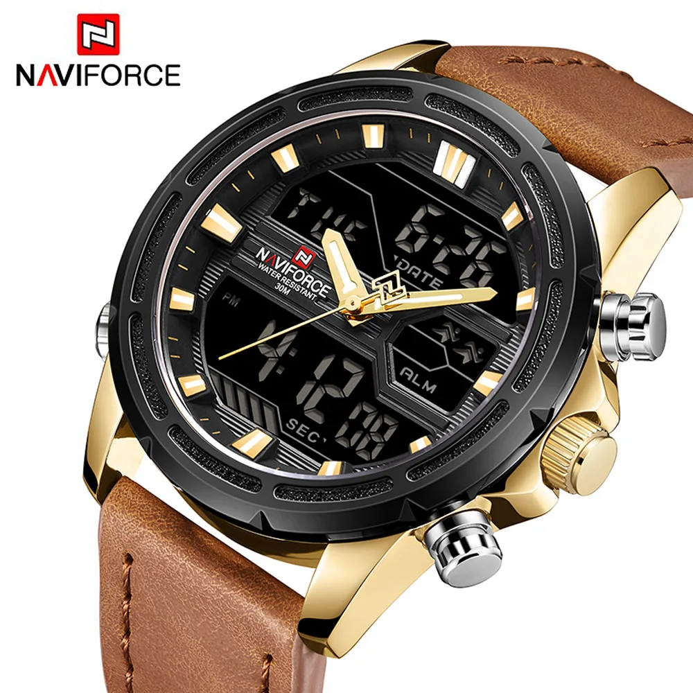 

NAVIFORCE Brand Luxury Watch Men Sport Quartz Digital Dual Display Man Watches LED Digital Analog Leather Waterproof Wristwatch