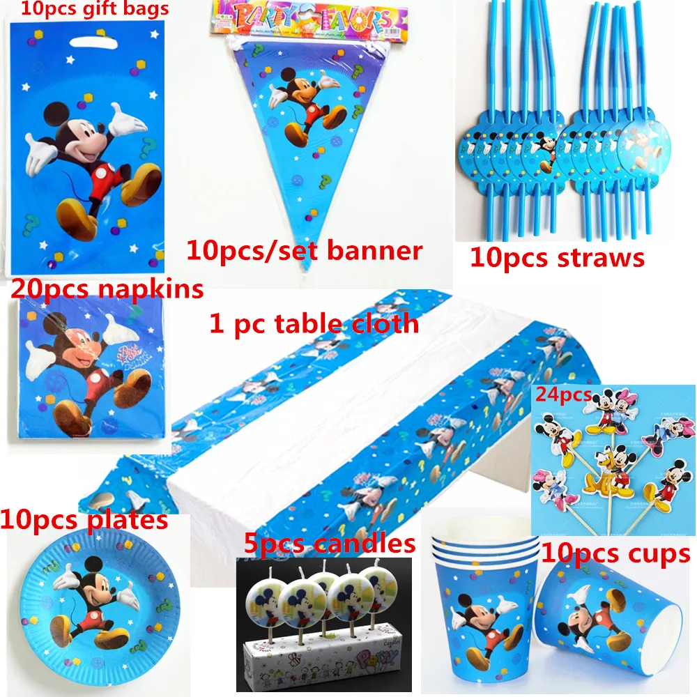 

10 People 91pcs happy birthday kids Mickey Mouse theme disposable party decoration sets paper garland baby boy shower supplies