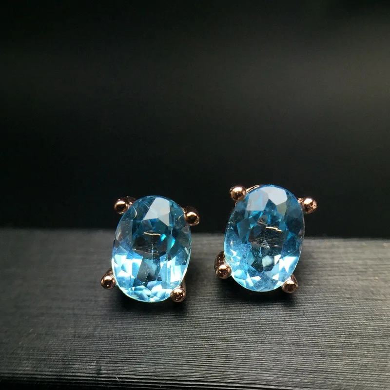 

[MeiBaPJ]4 Sizes Real 925 Sterling Silver Natural Blue Topaz Classic Ellipse Stud Earrings Fine Charm Jewelry for Women