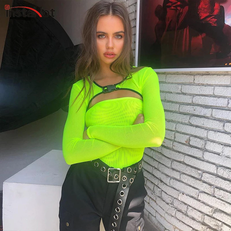 

InstaHot Neon Green Buckle Mesh Bodysuir Sexy Women Long Sleeve Patchwork Slim Autumn Summer Stetchy Body Casual Streetwear