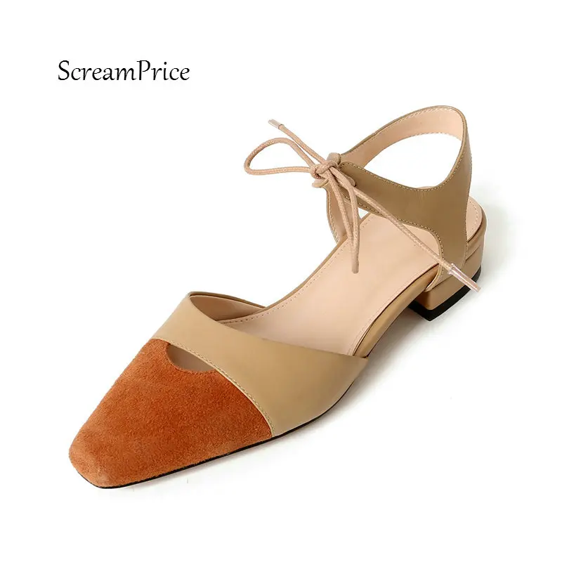

Women Genuine Leather Lace Up Comfortable Low Heel Mixed Colors Sandals Fashion Pointed Toe Party Summer Shoes Black Apricot