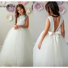 Белое Тюлевое платье для первого причастия с жемчужинами для девочек бальное платье с круглым вырезом, коллекция года, платье с цветочным узором для девочек на свадьбу, пышное платье для девочек, размер От 2 до 14 лет