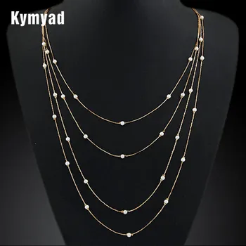 

Kymyad Simulated Pearl Multi layer Necklace Gold Long Chain Vintage Colares Necklace For Women bijoux collier femme collares