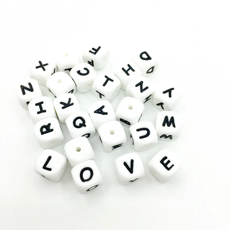 

200pc Alphabet Diy 12mm cube Letter Silicone Teething Beads Bpa Free Bead ForPacifier Chain And Baby Necklace