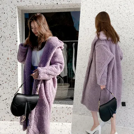 Nagodo Lamb Fur Coat 2018 Winter Thick Warm long Overcoat Causal Loose oversized Faux Fur Coats Women violet wool coat S -XL