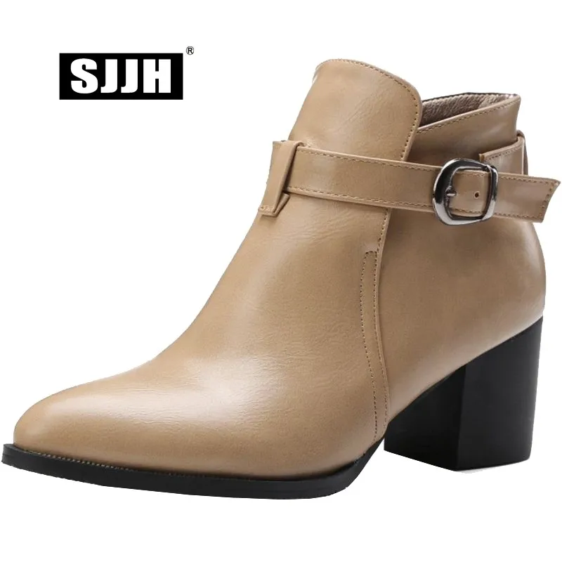 

SJJH Women Ankle Boots with Point Toe Chunky Slip-on Plush Short Martin Boot Autumn Fashion Casual Working Shoes Large Size Q274
