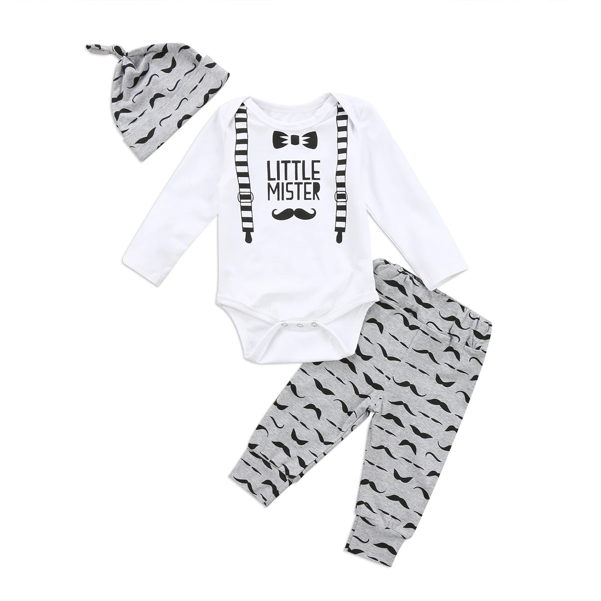 Newborn Baby Boy Cotton Ropmers Long Pants Hat 3PCS Outfits Set Clothes