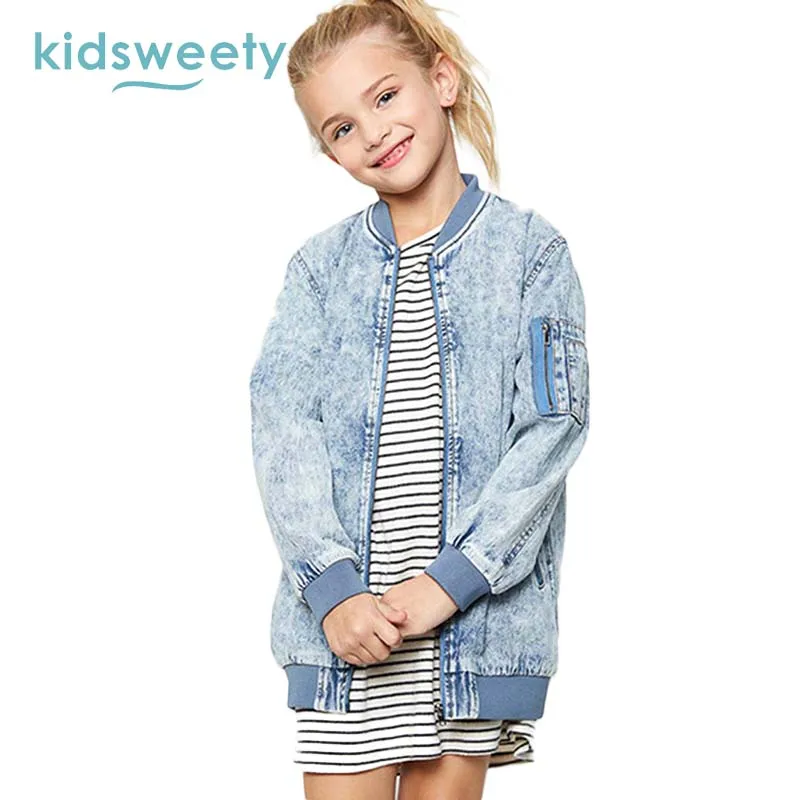 

Kidsweety Girl Denim Jacket 2017 Spring Floral Loose Zipper Kids Embroidery Outerwear Patchwork Pocket Western Girl Denim Jacket