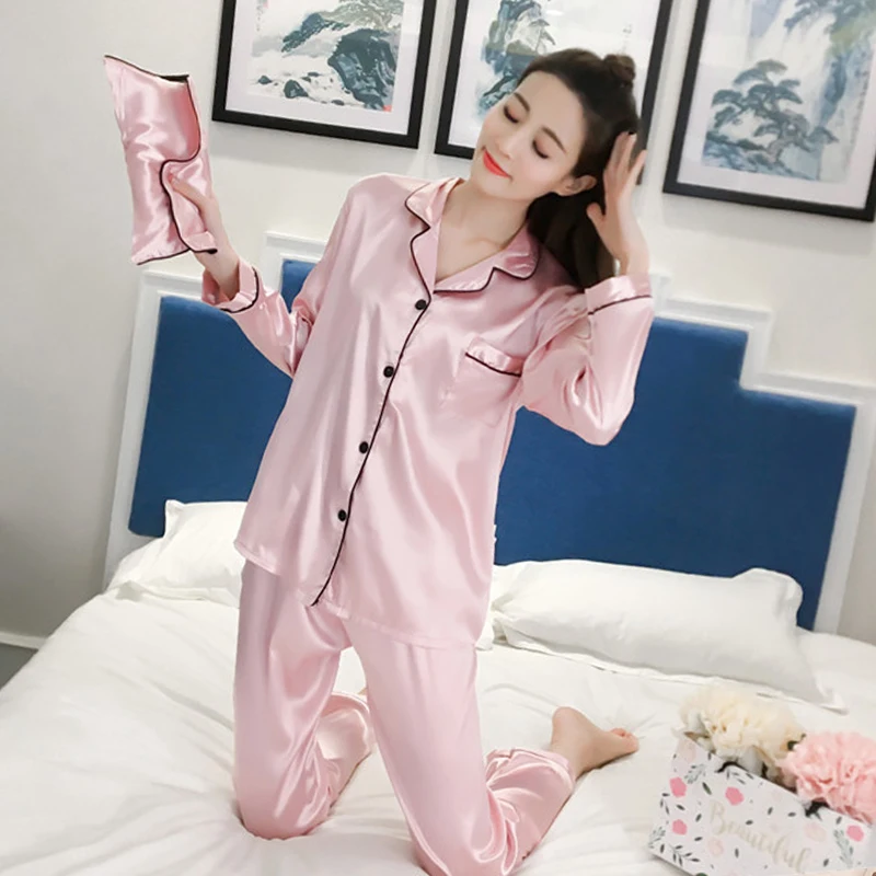 Autumn Women Pyjamas solid Silk Long sleeve lovely pink Pyjamas Sets