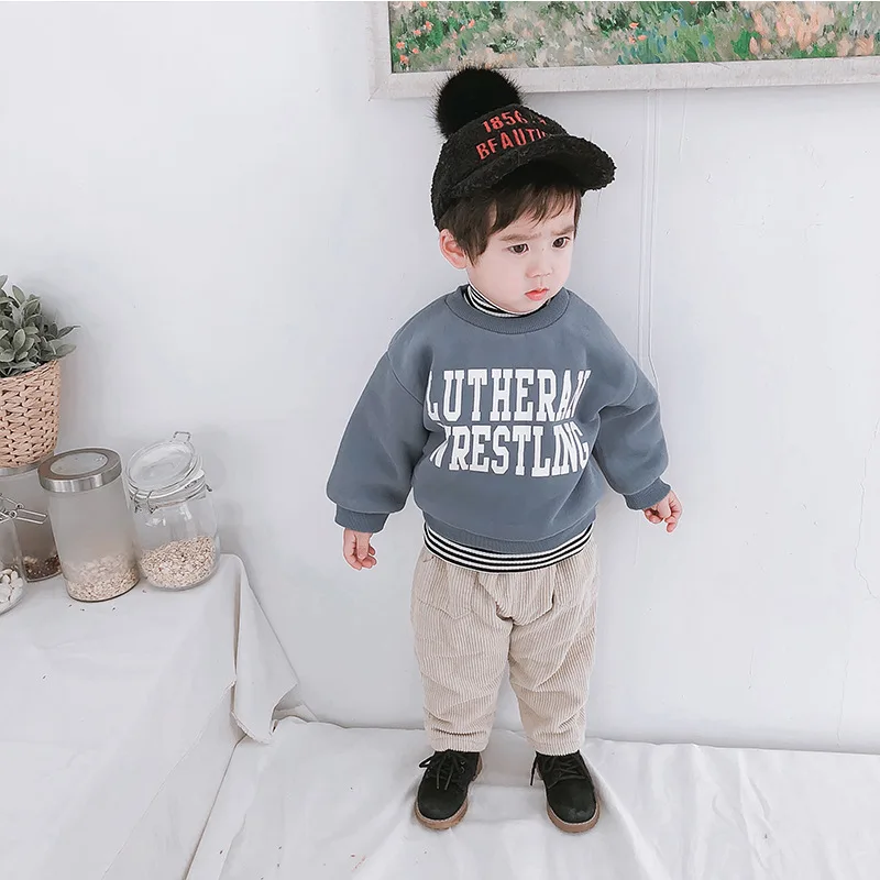 

Winter little kids letters printed patchwork velvet thicken sweatshirts baby boys fleece striped collar hoodies baby clothes