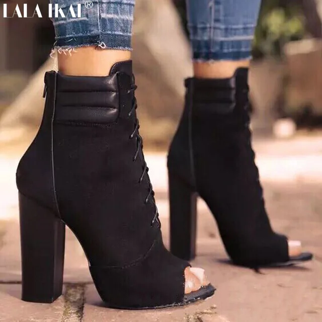 

LALA IKAI Spring Autumn Women Boots Cross-tied Peep Toe Zipper Closure Shoes Super High Heels Hoof heel Black Boots XWC2412-5