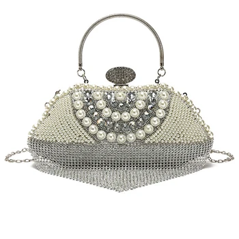 

NEW-Tassel Beaded Women Evening Bag Party Pearl Lady Day Clutch Purse Bag Chain Shoulder Rhinestones Handbags