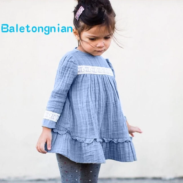 

Spring Autumn Girl Dress Long Sleeve O-neck Casual Lace Cotton Linen Tulle Dresses Party Dresses for Girls Baby Clothes Soft