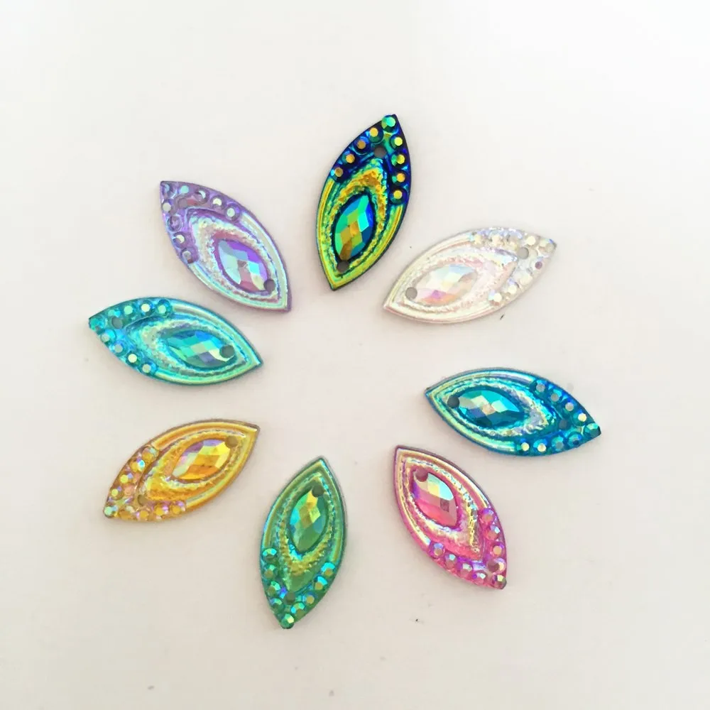80PCS AB Resin 7*15mm horse eye Flatback peacock Rhinestone Ornaments DIY Wedding appliques 2 hole buttons SD22*2