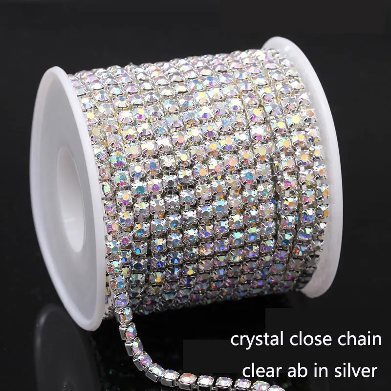 

1/10yd ss6/8/10/12/14/16/18 Crystal AB glass Rhinestone Silver close claw cup Chain necklace trim Garment Dress Sewing DIY 1-Row