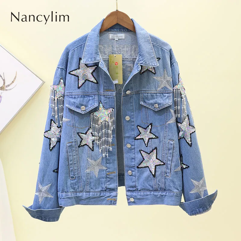 

New Blue Denim Jacket Women Hand Studded Sequin Star Embroidery Short Jacket Jeans Coat Spring Autumn Female Outwears