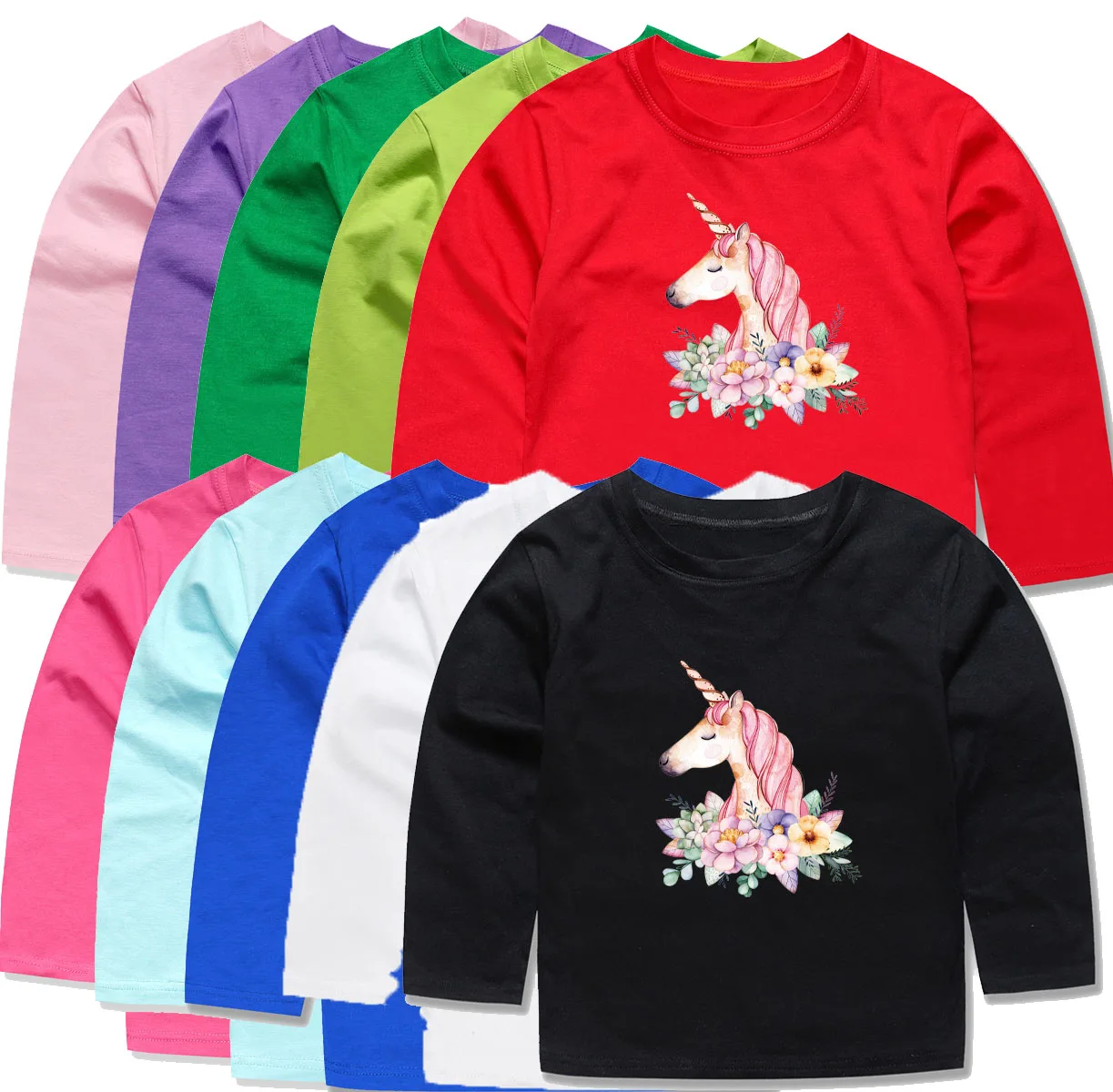 

2019 Latest Girls Full Sleeve Cotton T-shirts Children Unicorn Floral T-shirts Girls Tops Kids Tees for 2-14Years