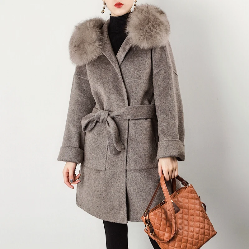 

Real Fur Coat Brand Spring Winter Jacket Women Natural Fox Fur Collar Cashmere Wool Blends Long Beige Grey Pockets Belt Ladies