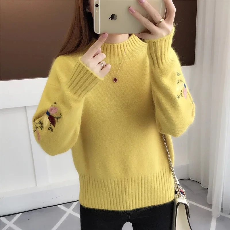 

2019 Women Sweater Thick Winter New Shirt Loose Embroidered Short Paragraph Head Turtleneck Elasticity knitting Sweater