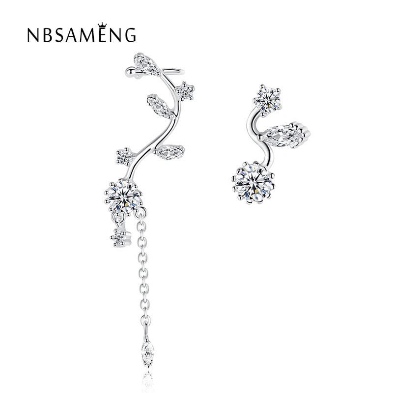 

New 100% 925 Sterling Silver Elegant Full Crystal Tree Post Hanging Asymmetric Long Stud Earrings For Women DIY Jewelry
