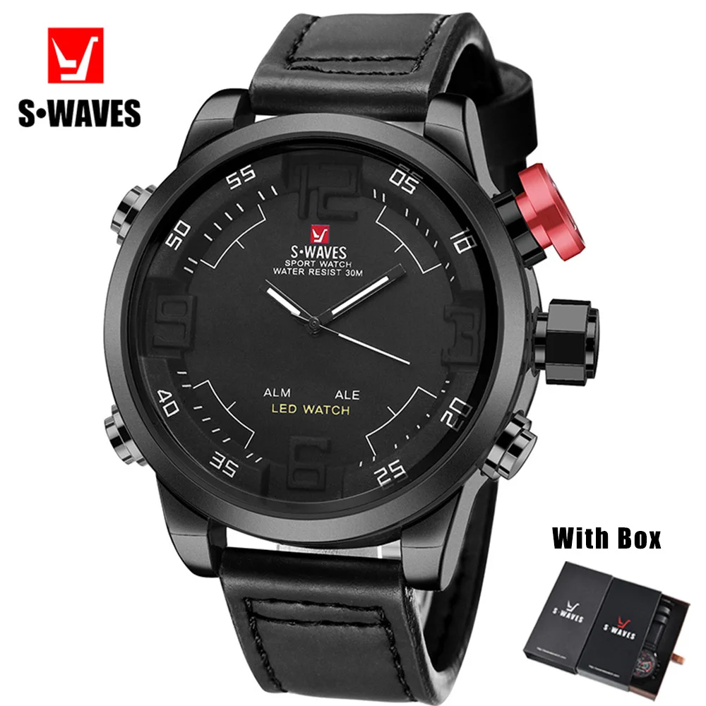 

Swaves Mens Watches With Box Dual Display Led Analog Digital Watch Men Sports Quartz Waterproof Leather Band Relojes Hombre