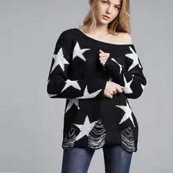 Панк Для женщин вязаный свитер, свободного кроя с вырезами со звездным рисунком, узор с открытыми плечами с длинными рукавами в стиле