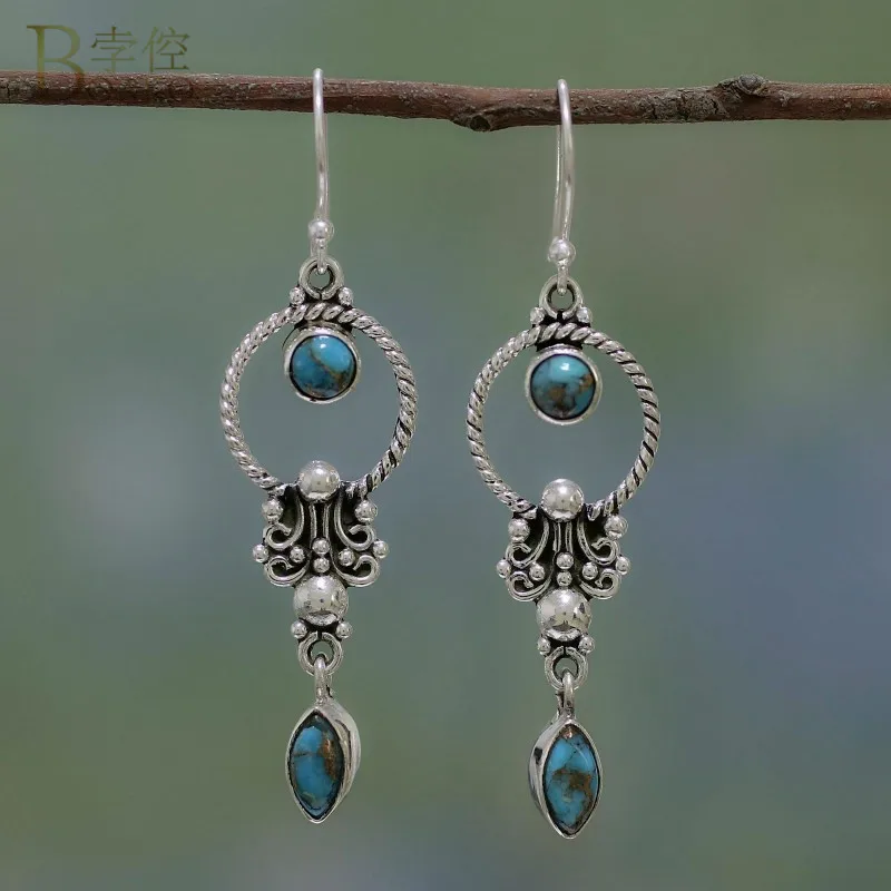

BOAKO Thai Silver Blue Stone Earring Natural Turquoises Stone Long Drop Earrings For Women Ethnic Jewelry Dangle Earring brincos