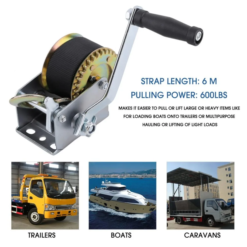 

Manual Hand Winch 600lbs Boat Trailer For Caravans 6m Strap Marine Truck Puller Lifting Releasing Sling Hauling Tool