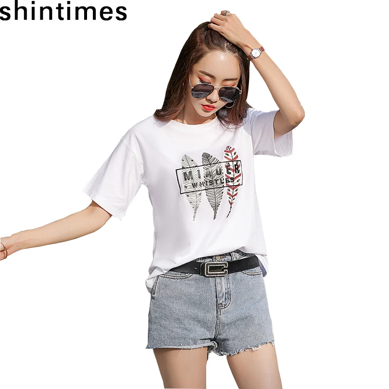 

shintimes 2019 The New Summer Korean Casual T Shirt Women Letter O-Neck Loose Cotton Short Sleeve Tshirt Clothes Tee Shirt Femme