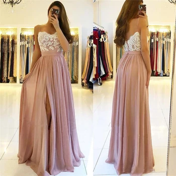 

Blush Pink Split Bridesmaid Dresses Spaghetti Straps A Line Floor Length Country Beach Maid Of The Honor Gowns Cheap Customized
