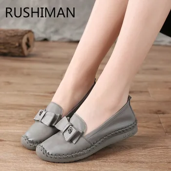 

RUSHIMAN Spring Autumn hand sewing lazy shoes leather single shoes non-slip soft bottom round mother shoes size shoes 41 -- 43