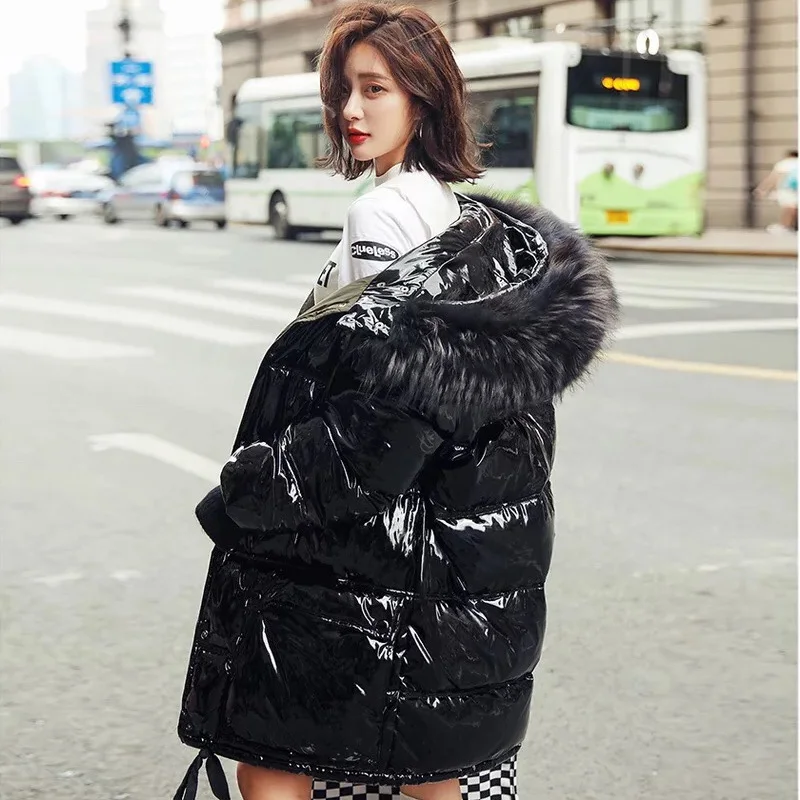 Tanie Prawdziwe futro naturalne 2019 lakierowana kurtka zimowa kobiety ciepły, długi płaszcz parka puchowa z kapturem kobiet płaszcz z kaczego puchu wodoodporna kurtka