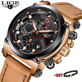 

LIGE Top Luxury Brand Casual Fashion Men Business Quartz Watch Military Leather Automatic Date Male Wristwatch Relogio Masculino