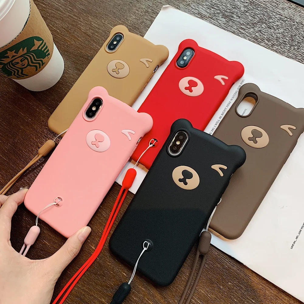 

For iPhone 7 6 6S Plus X XS MAX XR Mobile Phone Cases Silicone Soft Case 8plus Cartoon Bear Anti-fall Protection Box Lanyard