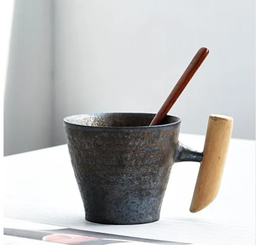 300 мл винтажная керамическая грубая керамическая кружка Ржавчина глазурь с деревянной ручкой чай молоко кофе чашка деревянная ложка вода офис посуда для напитков - Цвет: H