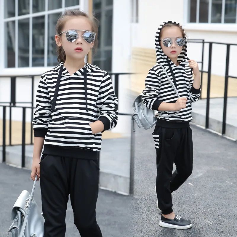 

Autumn Girls Clothing Sets Long Sleeve Striped Hoodies Coats Children Clothing Sets Kids Cotton Tracksuits Size 3-14 years