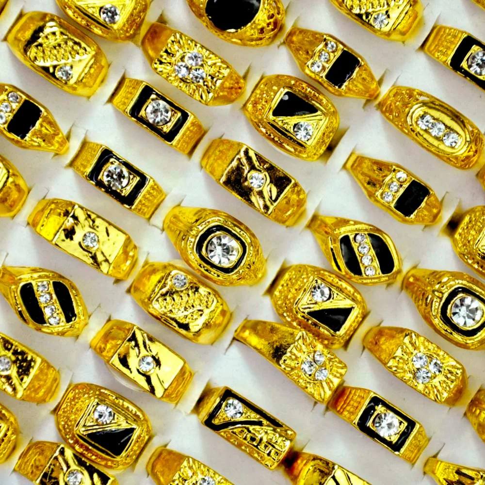 

10pcs Hotsale Fashion Jewelry Men's Gold Color Enamel Rhinestone Rings Mixed Lots Party Drop Free Shipping LR4047