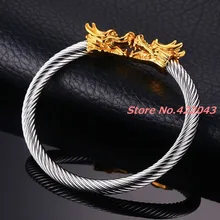 New fashion womens mens 316L stainless steel punk Gold dragons 6mm clasp twist Silver cable wire open bracelet pulsera jewelry