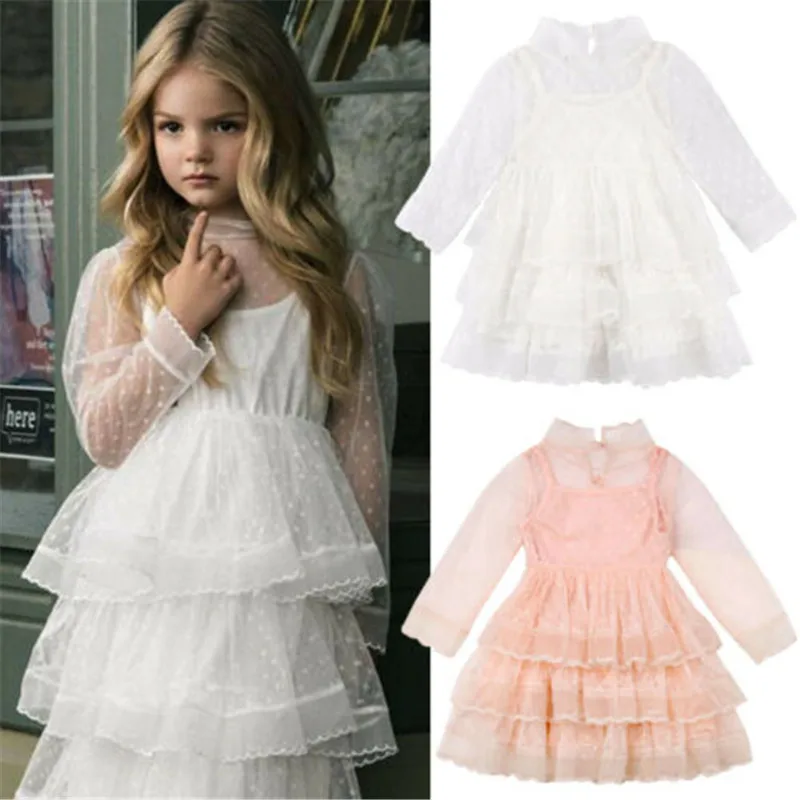 0-5 Years Baby Girls Dress Slid Pink Yellow Long Sleeve Dresses For Lace Hollow Birthday Party Girl Clothes Kid Suit | Детская одежда и