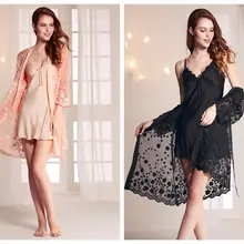 Сексуальное шелковое Ночное платье и халат для женщин Цветочный Атласный халат и спагетти ремень ночнушки платье мини Ночная рубашка комплект из 2 предметов